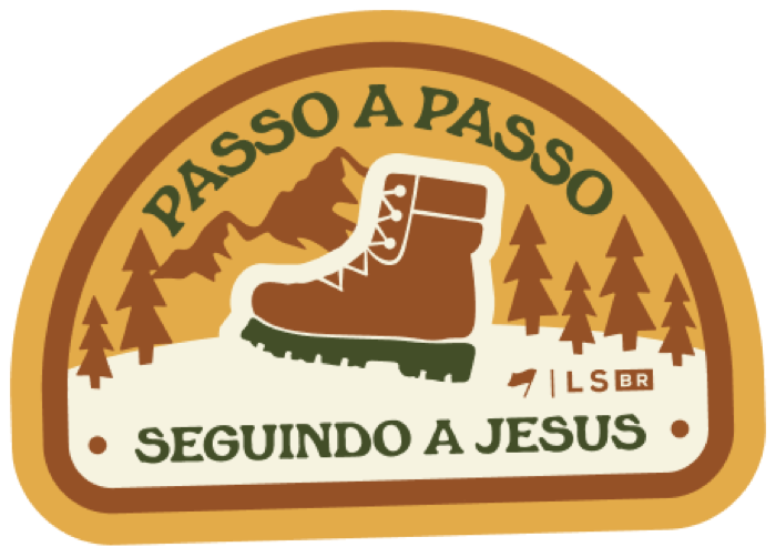 Insígnia com bota de trilha e a frase Passo a passo seguindo a Jesus